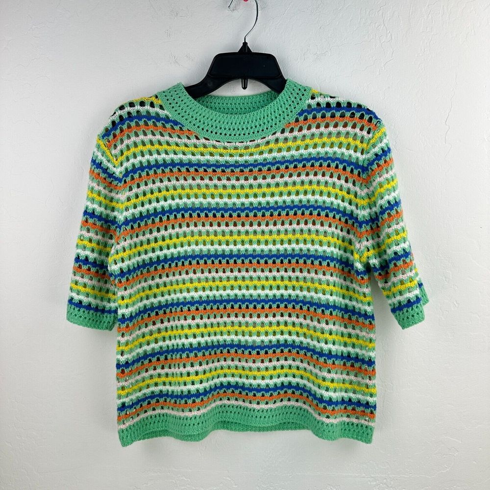 Miss Sparkling Crochet Top Womens M Green Blue‎ Striped Short Sleeve Crew Neck